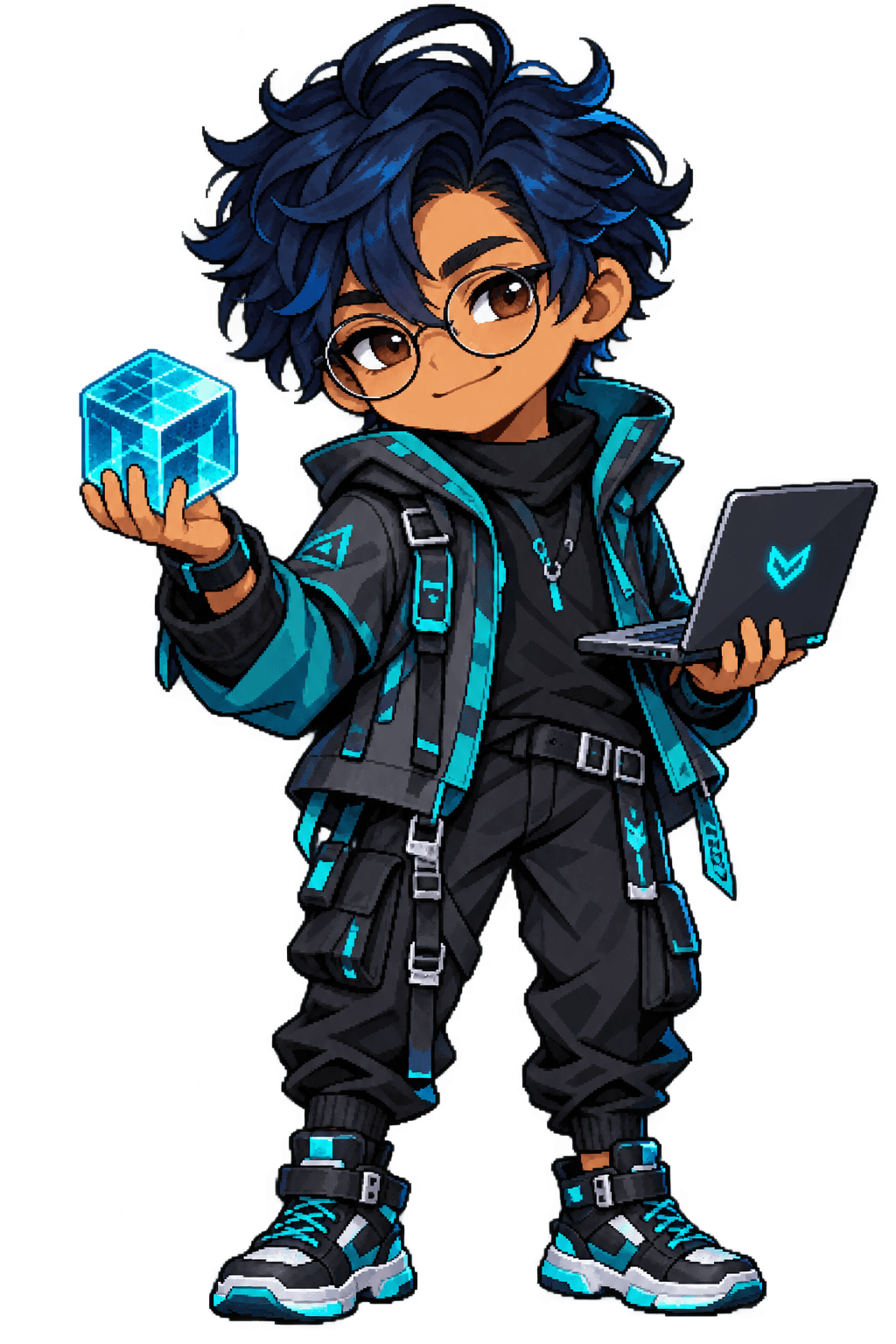 Neon Architect in cyan techwear